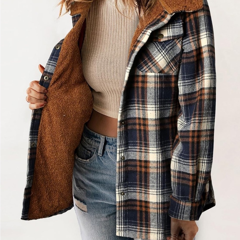Dokotoo Womens Plaid Shacket Jacket Sherpa Fleece hood - Picture 2 of 13